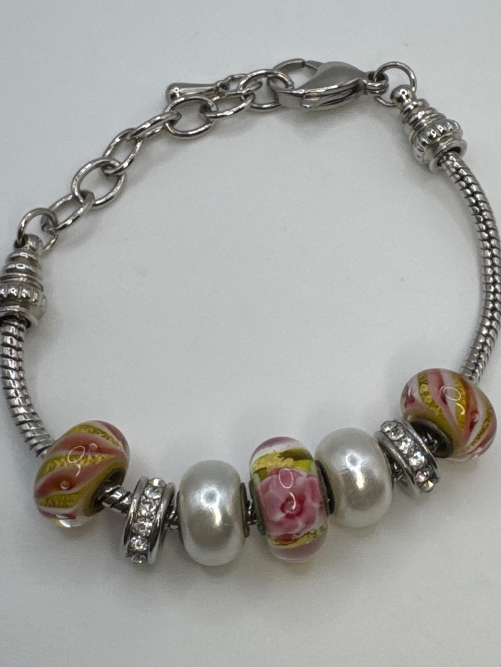 Silver Tone European Charm Bracelet Pink Glass Faux Pearl Beads
